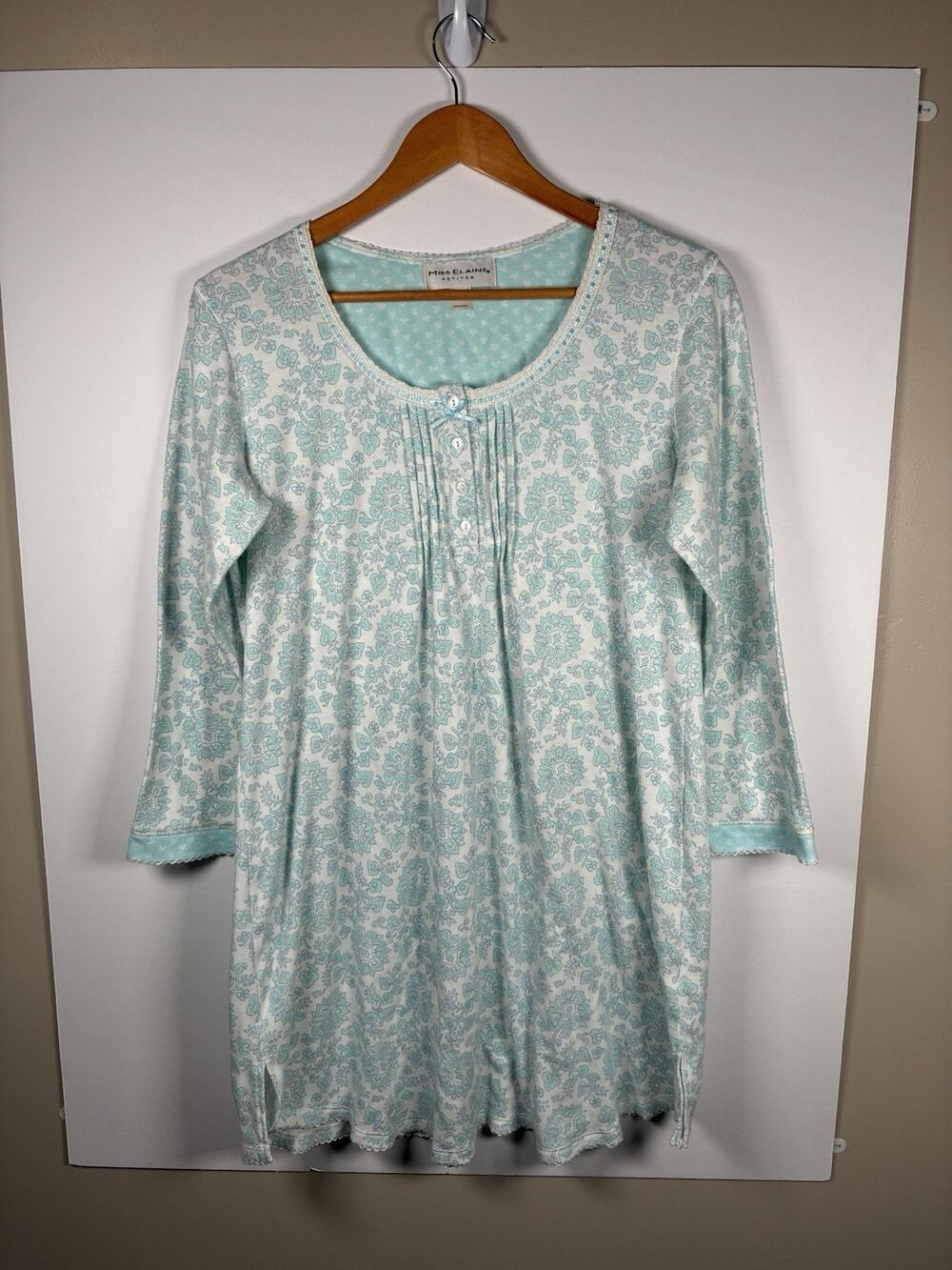 Miss Elaine Petites PM Nightgown Cotton Blend Aqua Floral Lace Coquette Pintuck